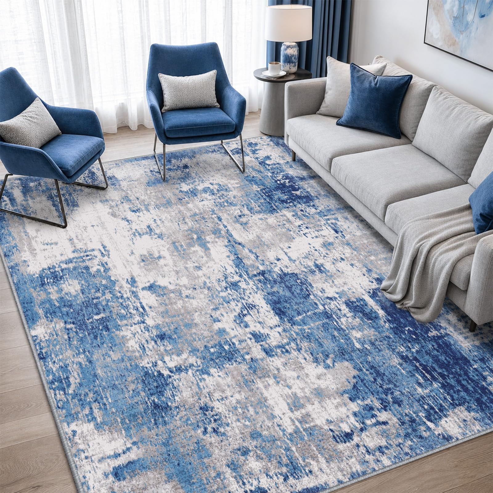 Blue Grey Navy Gray 5×7 Washable Area Rugs NonSlip Modern Abstract Soft Mat
