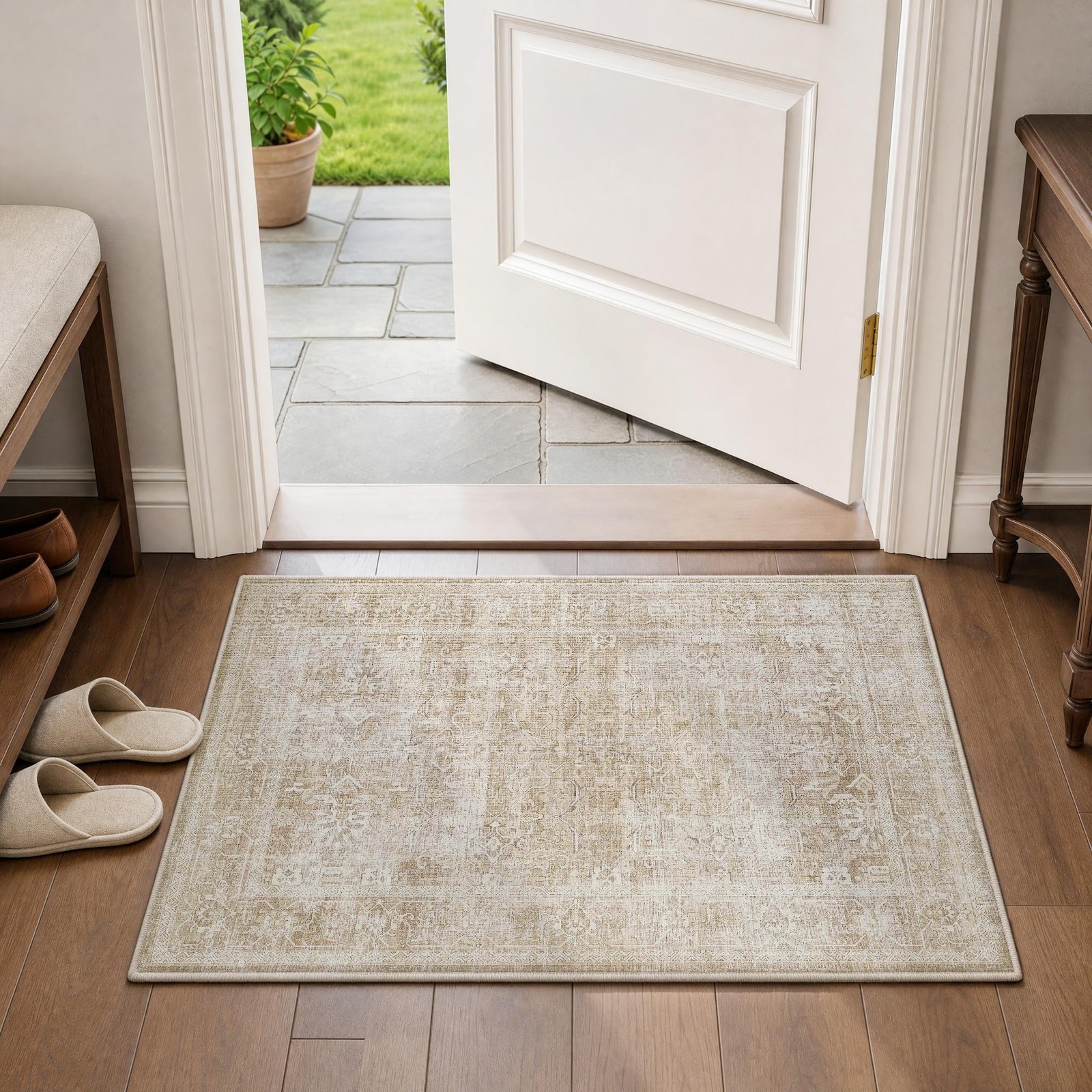 Beauoop 2×3 Washable Area Rug Beige Vintage Distressed Neutral Carpet Non Sli…