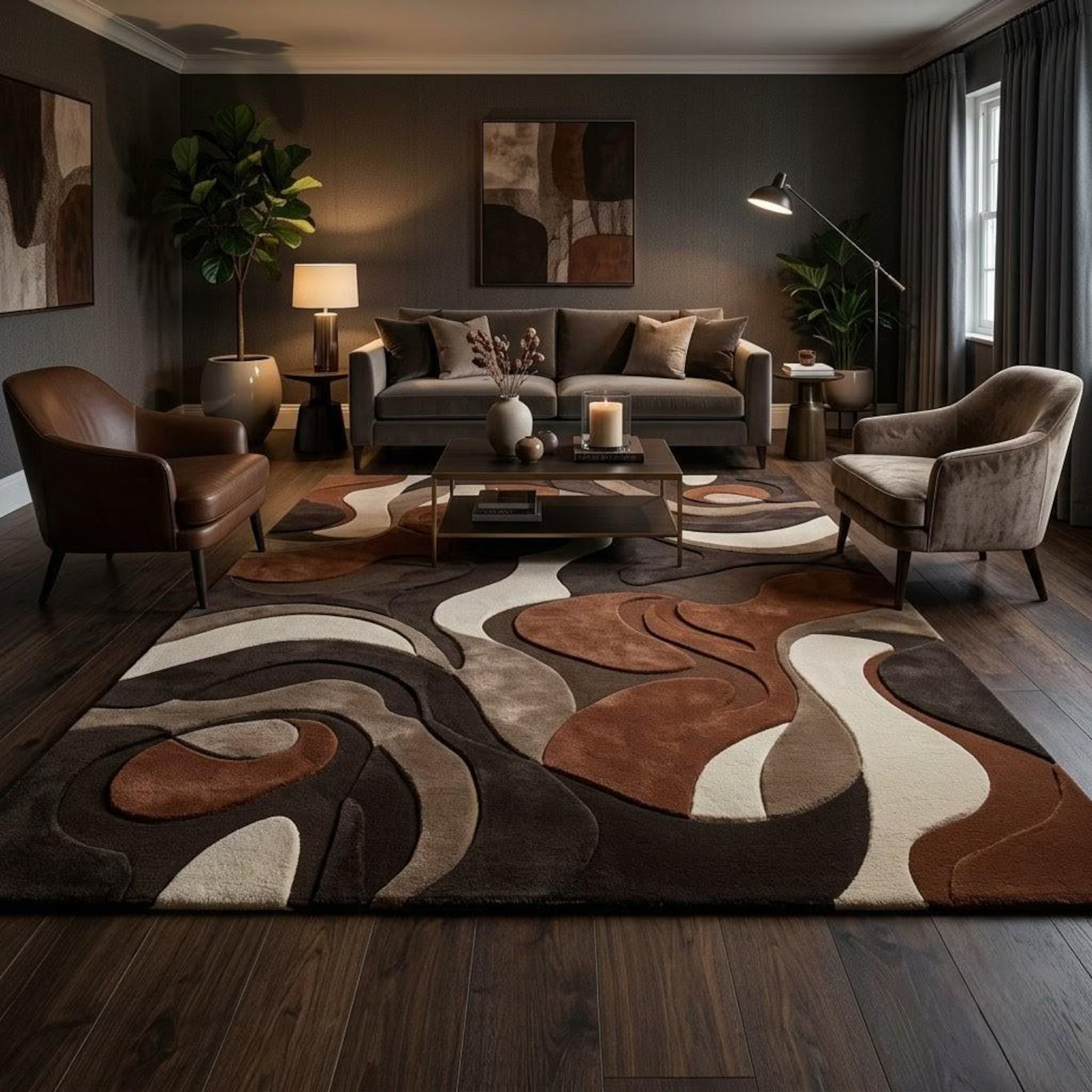 Modern Organic Abstract Wave Rug Hand Tufted Wool Chocolate Brown Taupe Thick