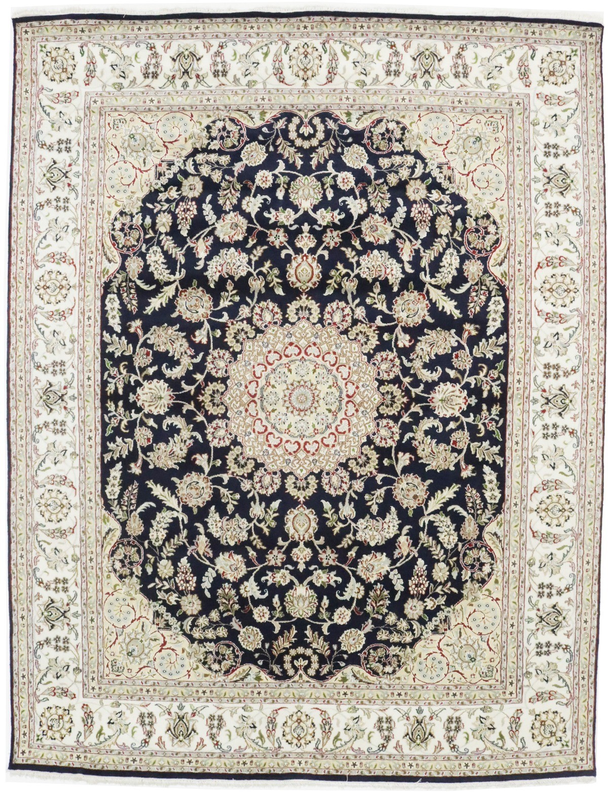 Handmade 8X10 Indo-Nain Oriental Rug Dark Navy Floral Carpet Living Room