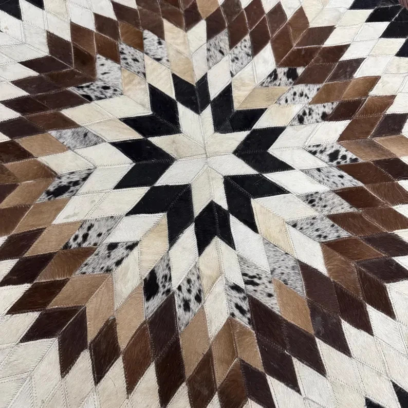 Round Cowhide Patchwork Rug Handmade Hair On Leather Western Area Rug Rustic