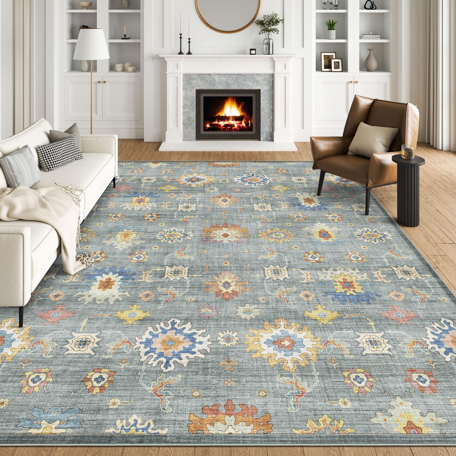 Blissa 8X10 Living Room Rug – Green Multi Oriental Oushak Print Rugs For