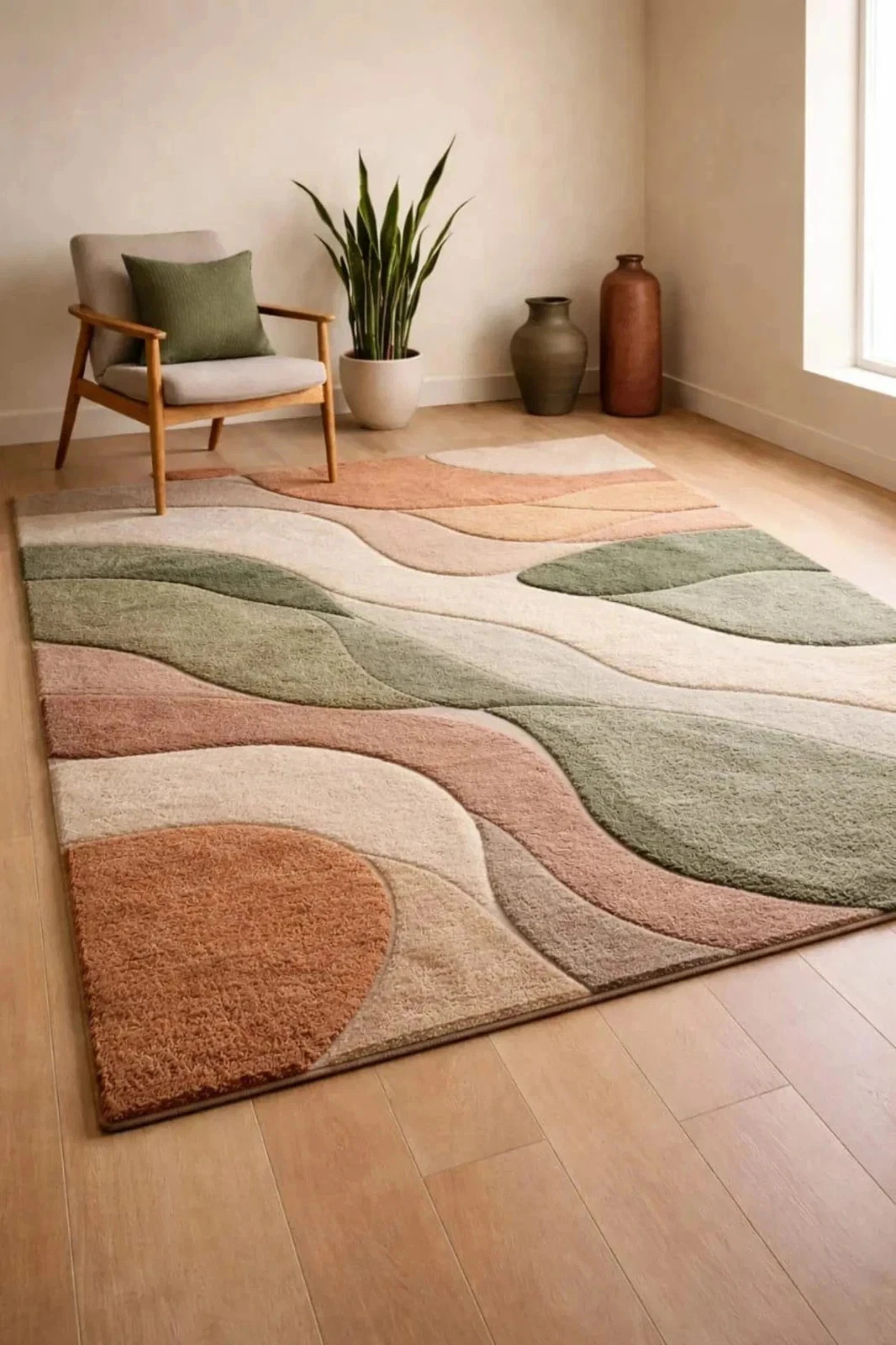 Modern Abstract Hand Tufted Area Rug in Sage Green Terracotta & Beige High Low
