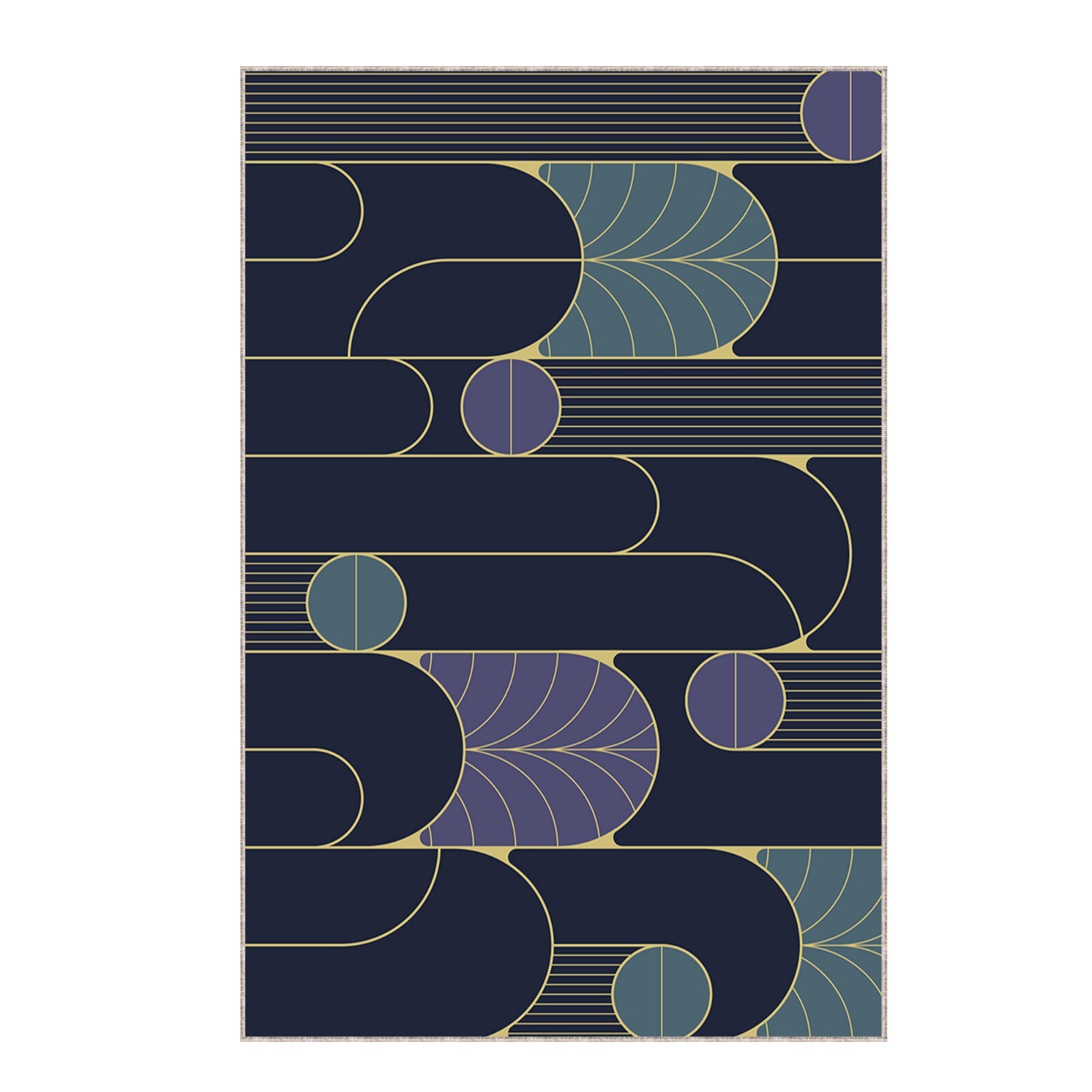 Art Deco Style Area Rug, Flat Design Art Deco, Golden elements on Blue Backgroun