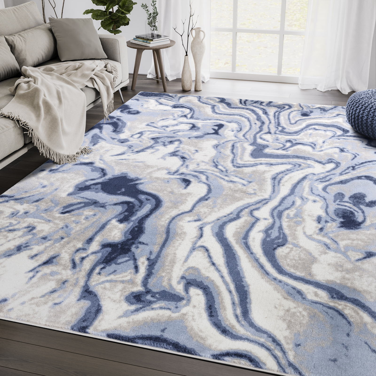 Modern Abstract Swirl Blue Cream Indoor Area Rug Dining Living Room Carpet 8×10
