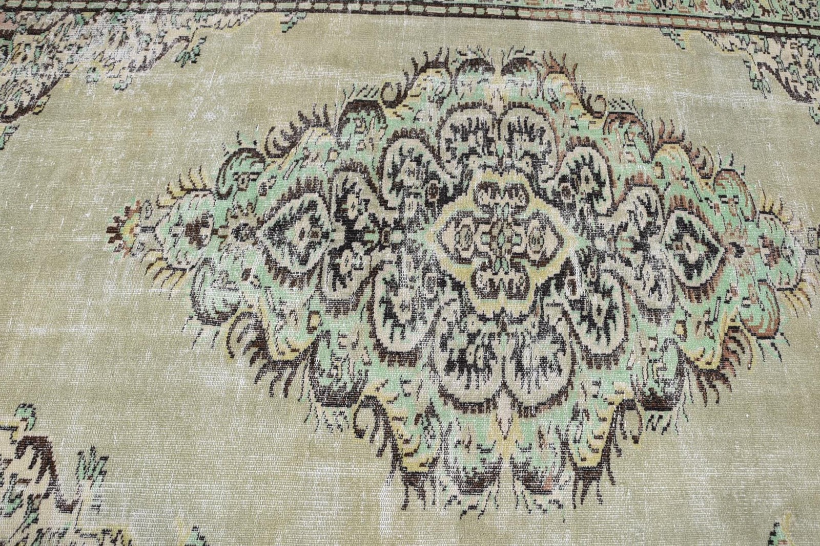 Vintage Large Rug 6,1×9,7 ft, Turkish Green Striped Wool Rug