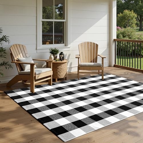 Buffalo Plaid Rug 5 x 7 ft Black and White Checkered Area Rug Cotton Hand