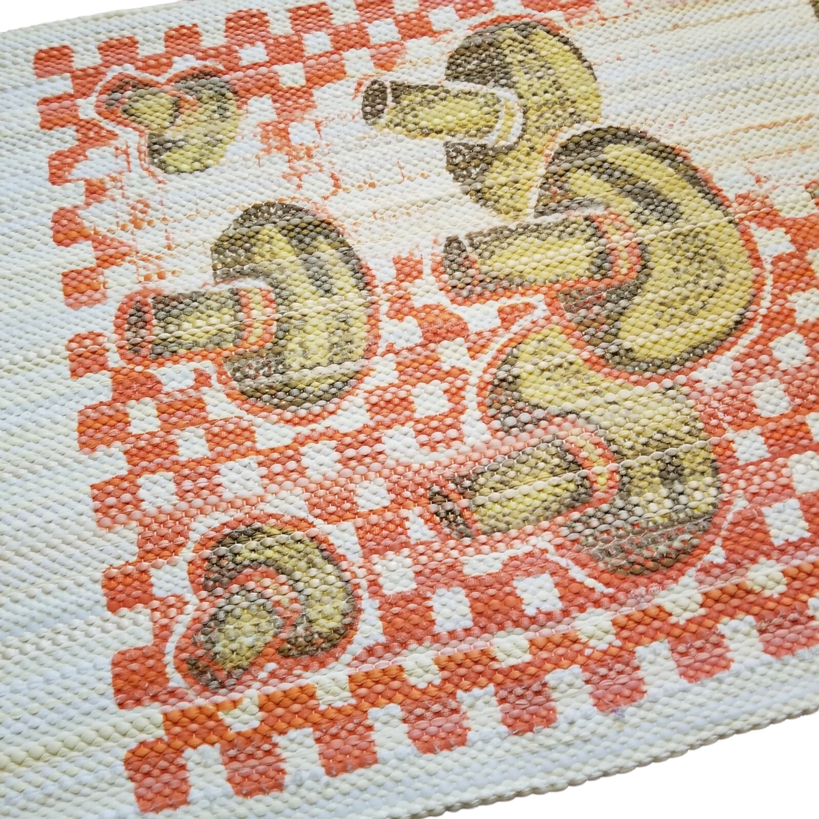 1970s Mushroom Rug 42″×23″ Woven Distressed Checkered Vintage