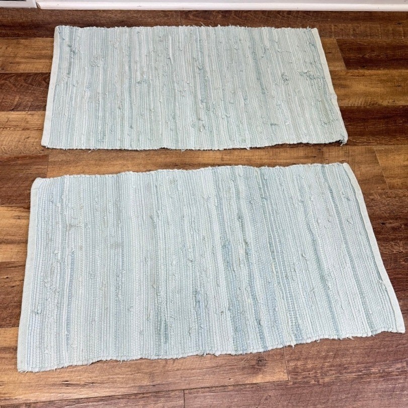 2 34×18″ Chindi Rag Rugs Pastel Blue Aqua Cotton Farmhouse Boho Coastal Kitchen