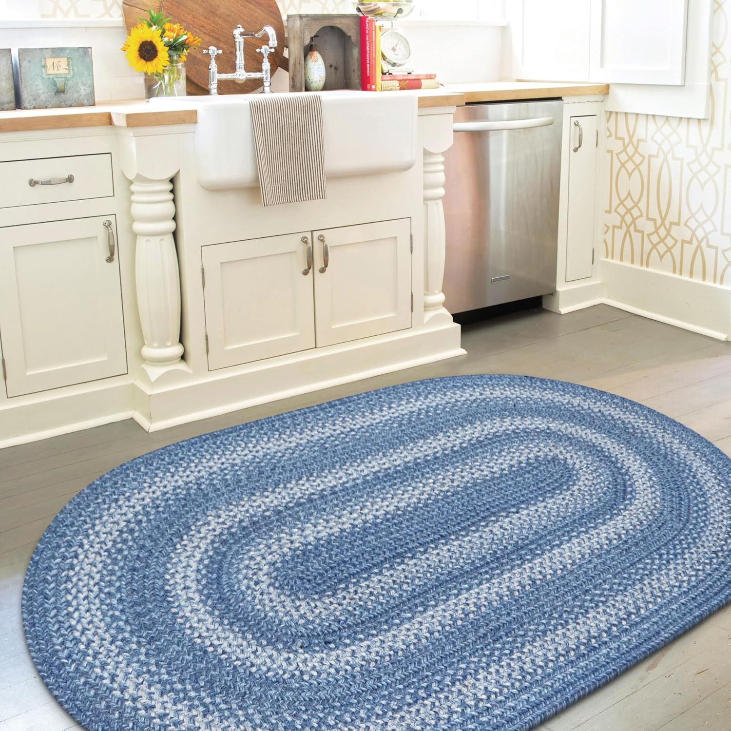 20X30” Blue Oval Braided Rug. Denim Blue and White Jute Oval Rug. Uses- Entryway