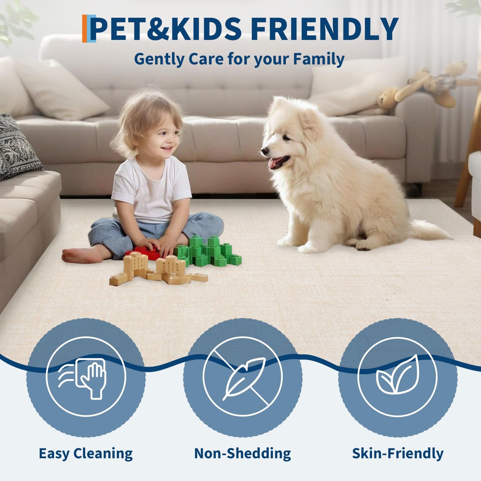 Washable Area Rug Non‑Slip Stain‑Resistant Solid Texture Indoor for Living Room
