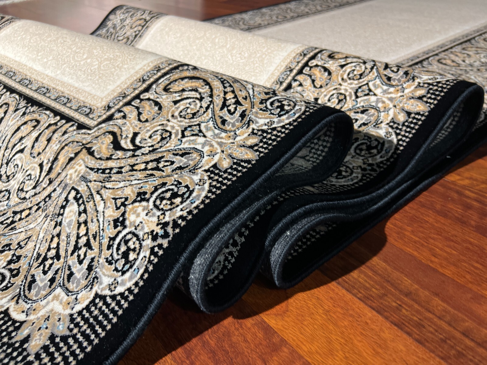 3×10 ft Bamboo Silk Runner Rug – Beige Black Luxury Rug for Hall or Entryway