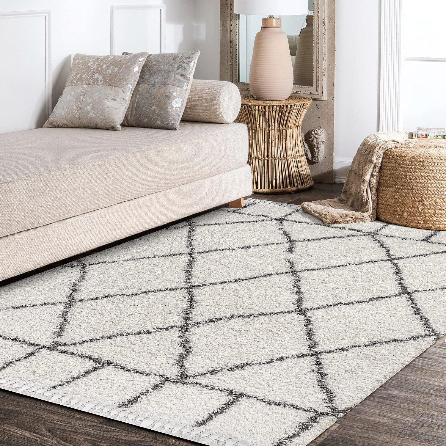 Mercer Shag Plush Tassel Ivory/Gray Indoor Area Rug, 3X5, Moroccan Geometric Tre