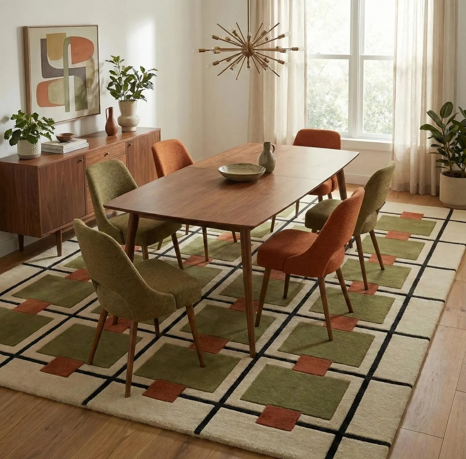 Hand Tufted Wool Rug Modern Geometric Grid Olive Green Rust Living Room Carpet