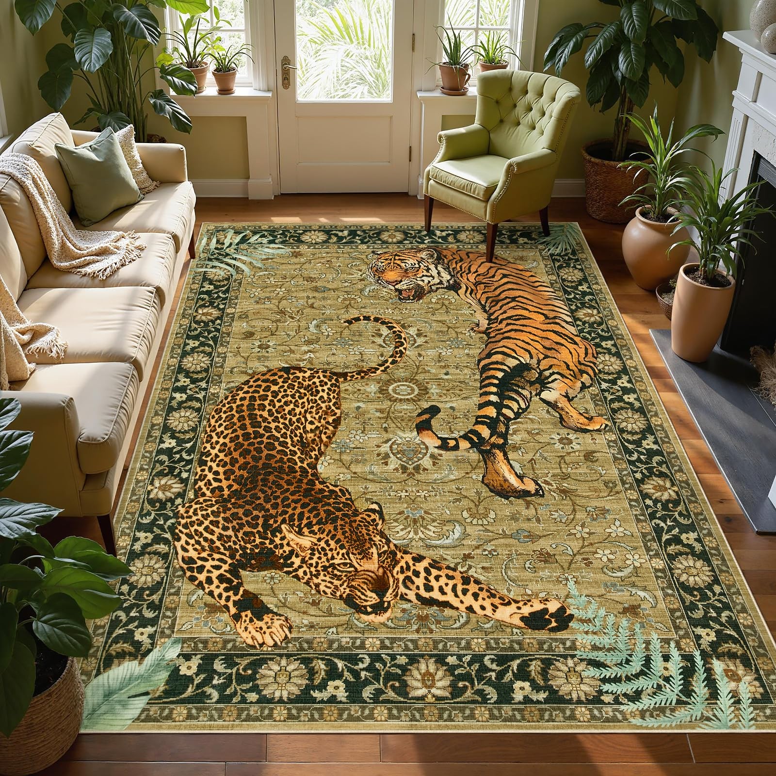 Joydeco Washable Tiger Print 5×7 Living Room Area Rug, Vintage Boho Cheetah Dini