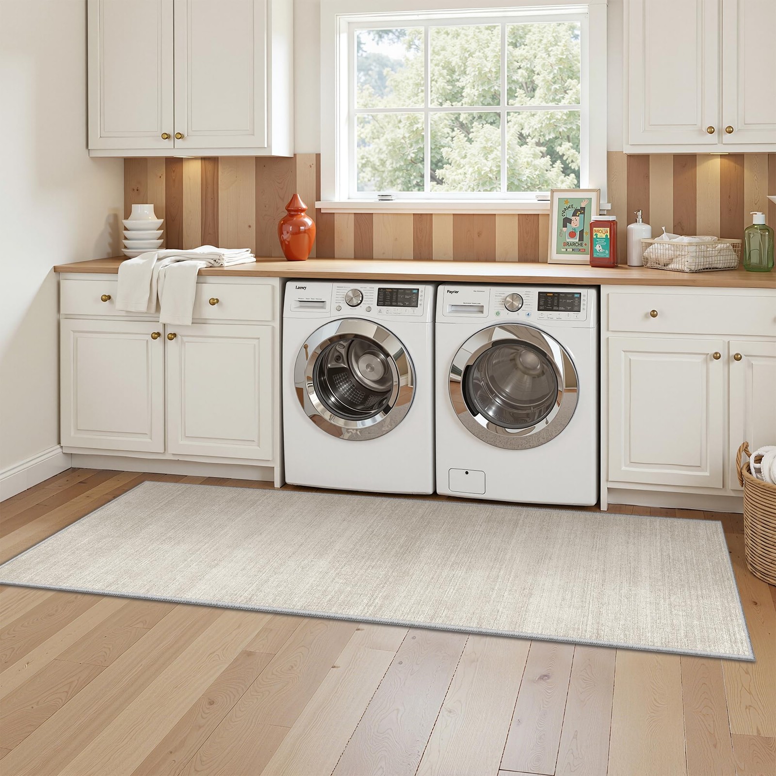 2×8 Beige Washable Rug, Stain Resistant, Area, Non Slip Backing, Large, Foldable