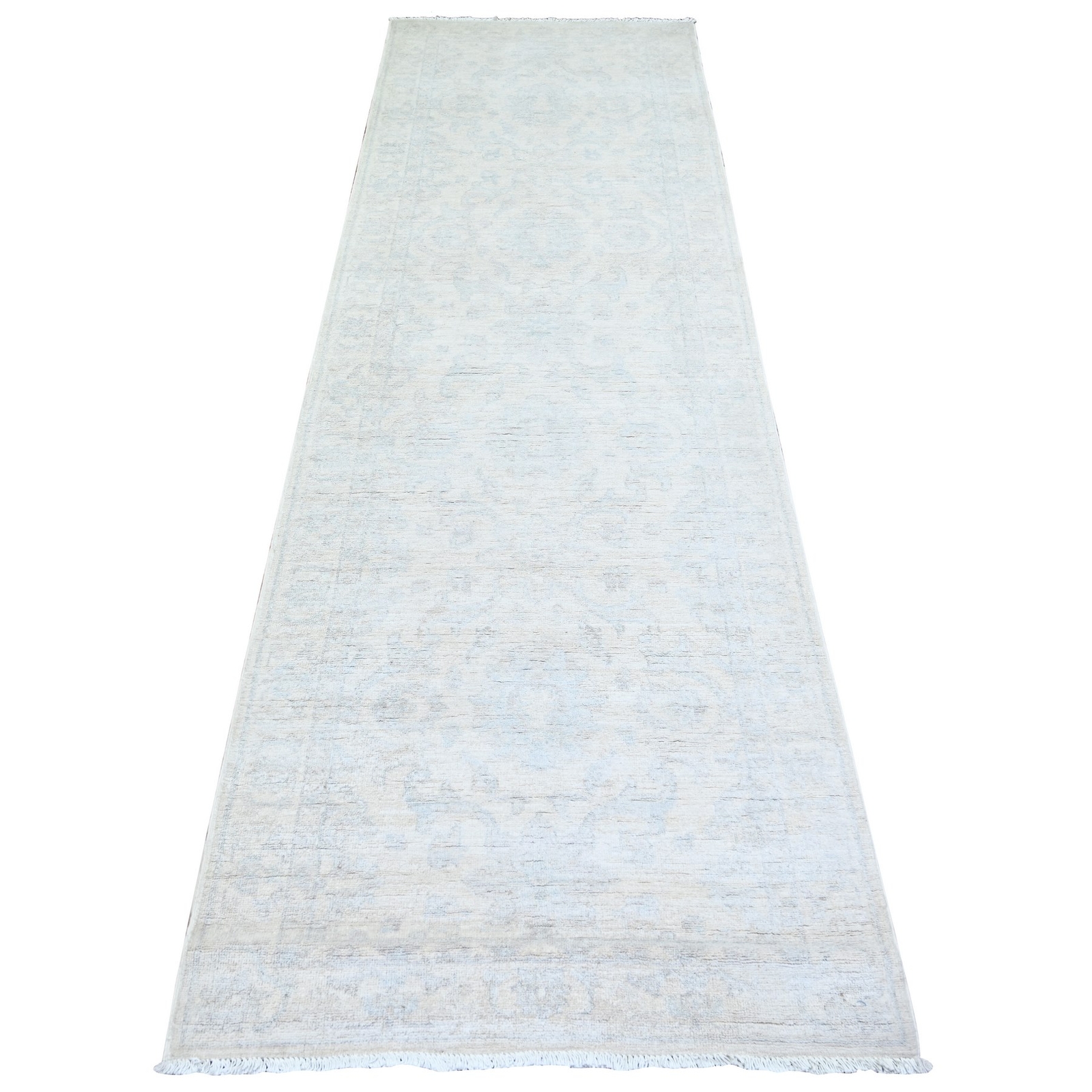 3’x9’4″ Feather White White Wash Peshawar Wool Hand Knotted Runner Rug R74510