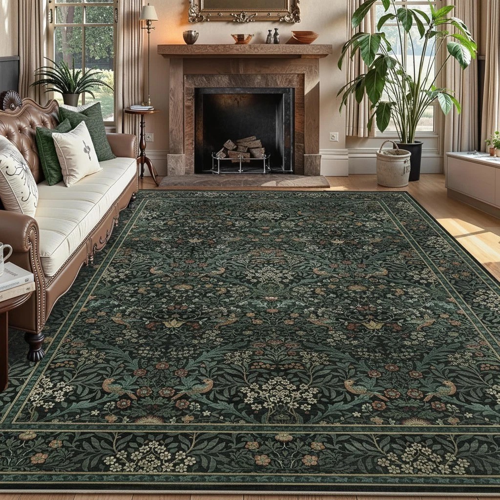 5×7 Dark Green Washable Floral Area Rug,Vintage Boho Soft Low-Pile Living Room