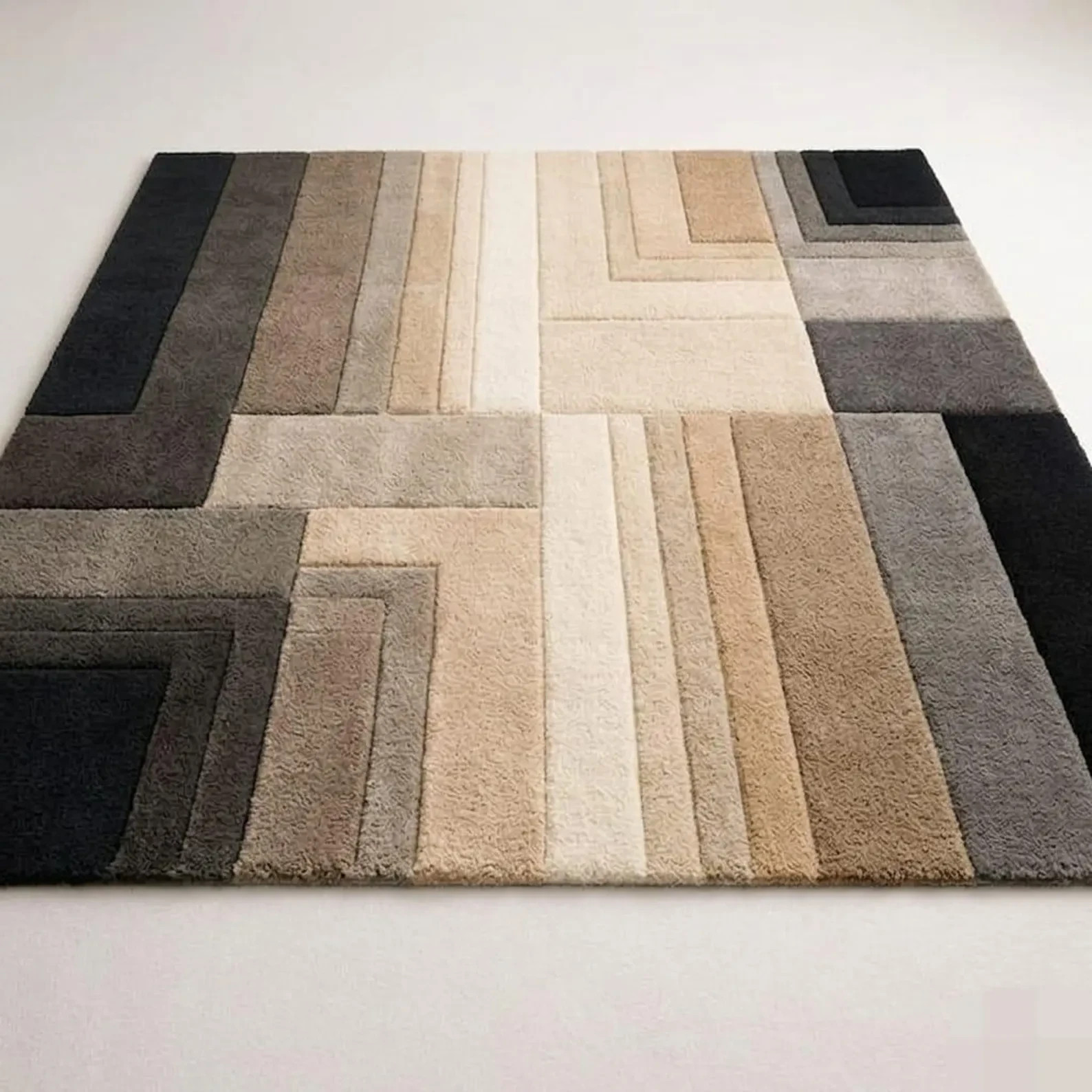 Abstract Geometric Rug Neutral Tones, Modern Minimalist Carpet Beige Brown Black