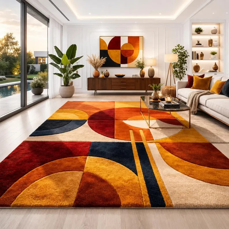 Modern Geometric Area Rug Abstract Red Mustard Blue Large Living Room Carpet