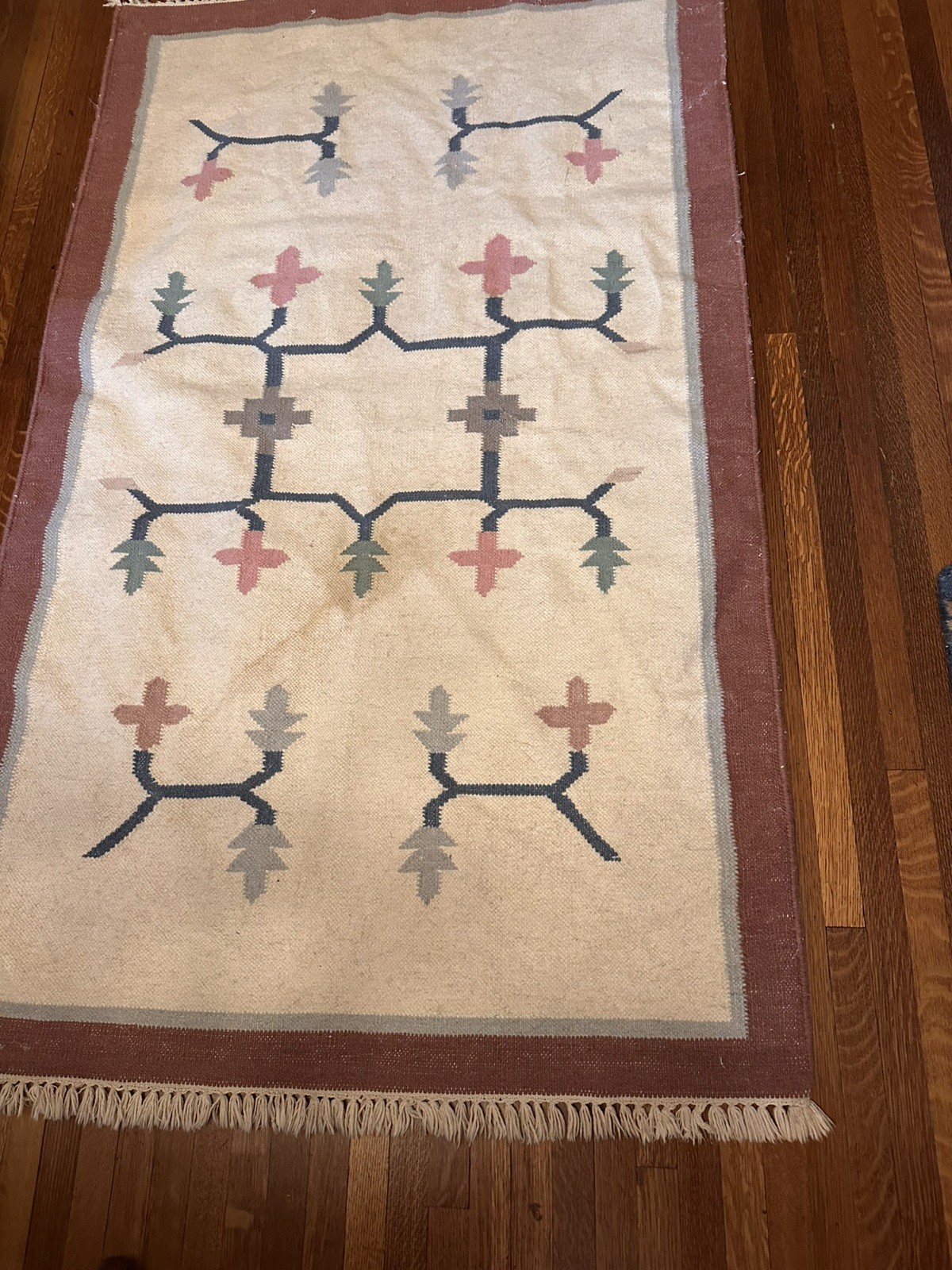 VINTAGE DHURRIE KILIM STYLE WOOL RUG 60”x36” SOUTHWEST PASTEL GEOMETRIC FLORAL