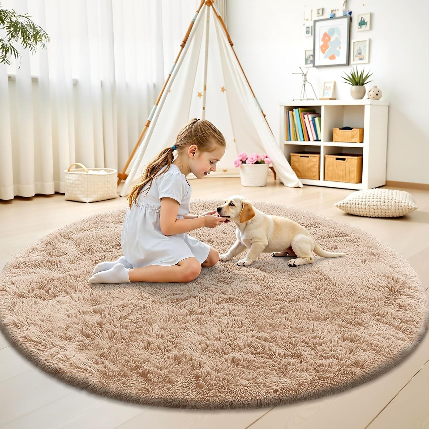 Round Rugs 4×4 Feet Fluffy Soft Area Rug for Kids Girls Room Plush Shaggy Carpet