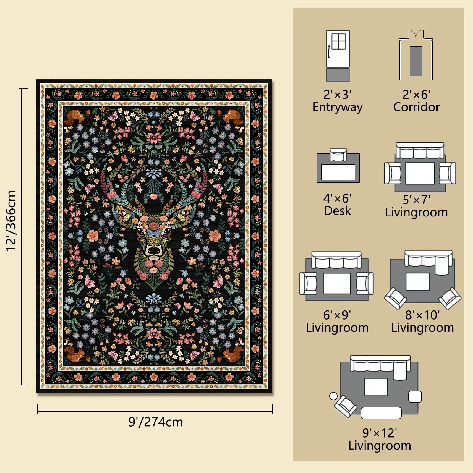 Area Rug Vintage Floral Deer Pattern 9×12 – Bohemian Forest Animal Carpet wit…