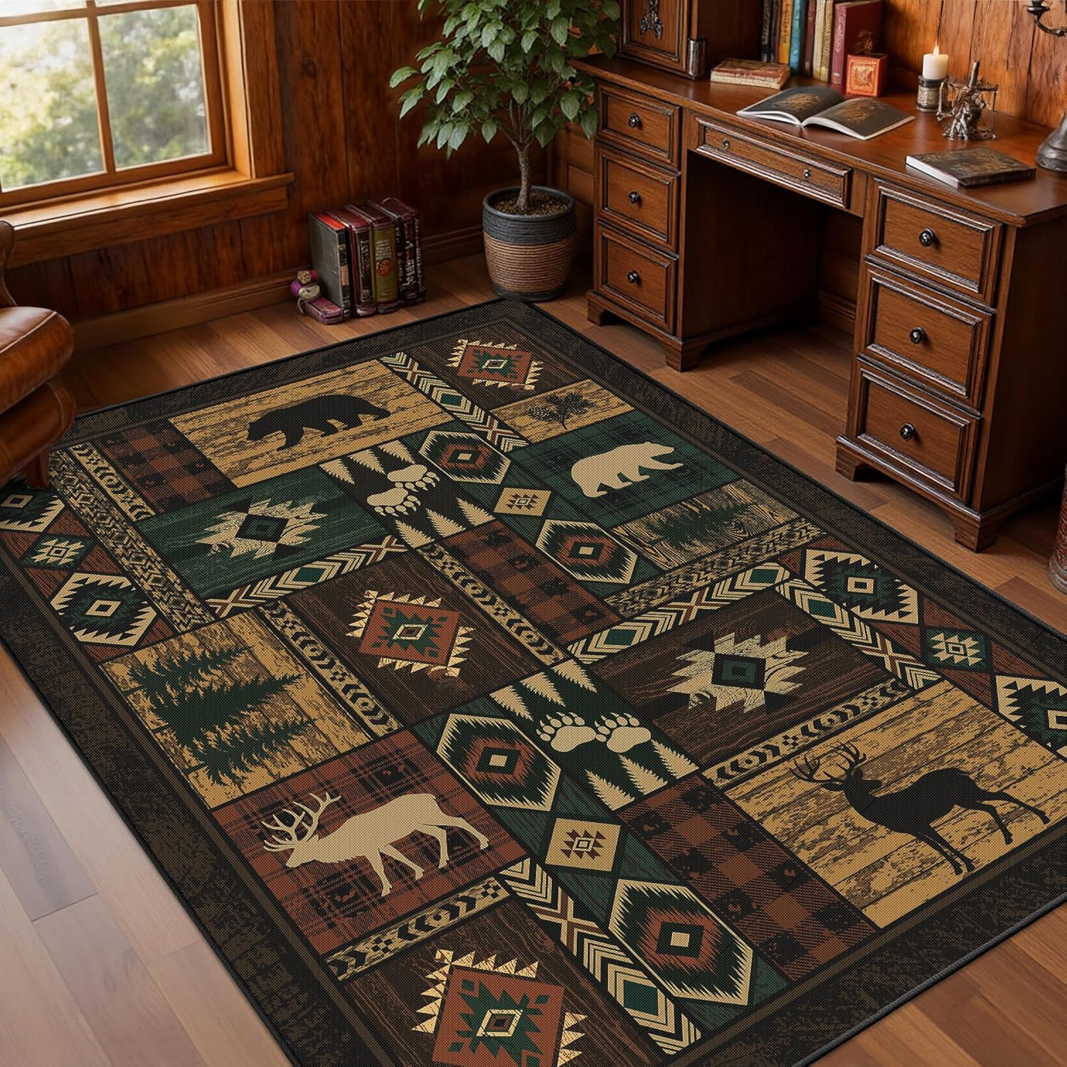 Rustic 5×7 Cabin Rug – Washable Non-Slip Bear & Deer Wildlife Design