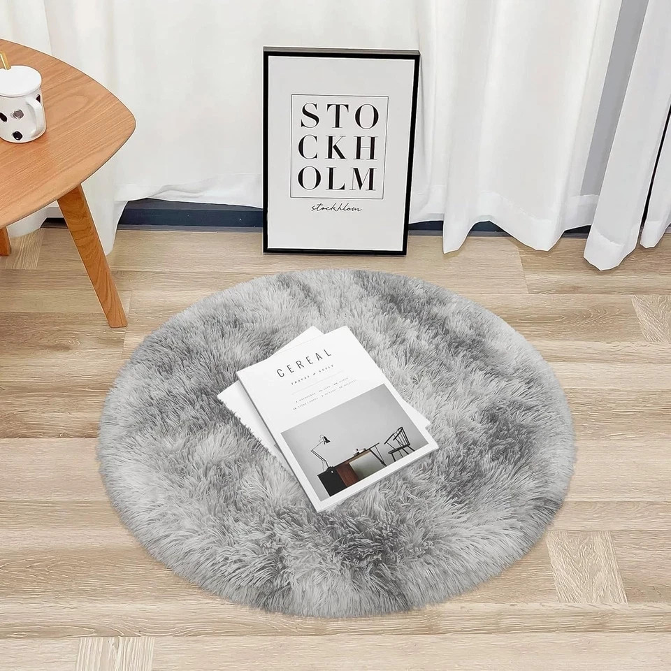 Tie Dye Grey Round Rugs Small 3×3 ft Fluffy Circle Rug Furry Carpet Shaggy