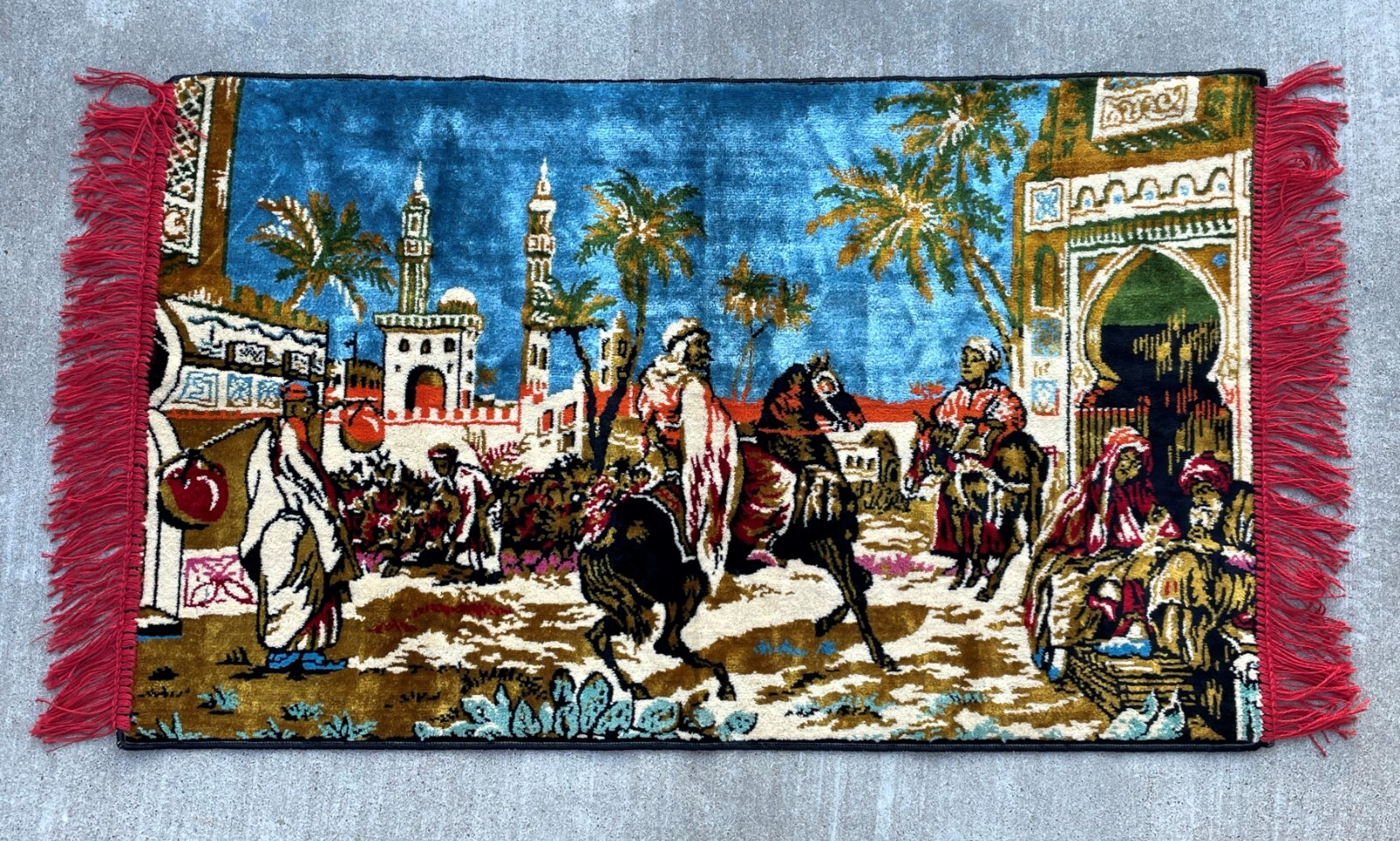 Vtg Velvet Rug Wall Art Middle East Market Town Square Palm Trees Horses 39″x23″