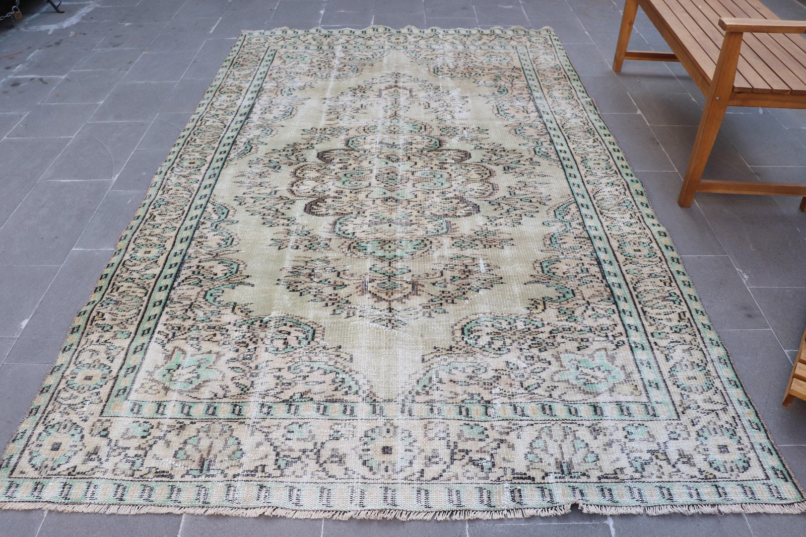Vintage Rug, 5,9×9,5 ft Turkish Rug, Green Striped Wool Rug