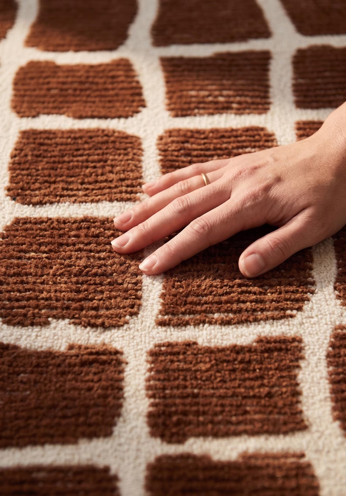 Hand Tufted Rug, Rustic Brown Checkered Wool Carpet, Mid Century Modern carpet