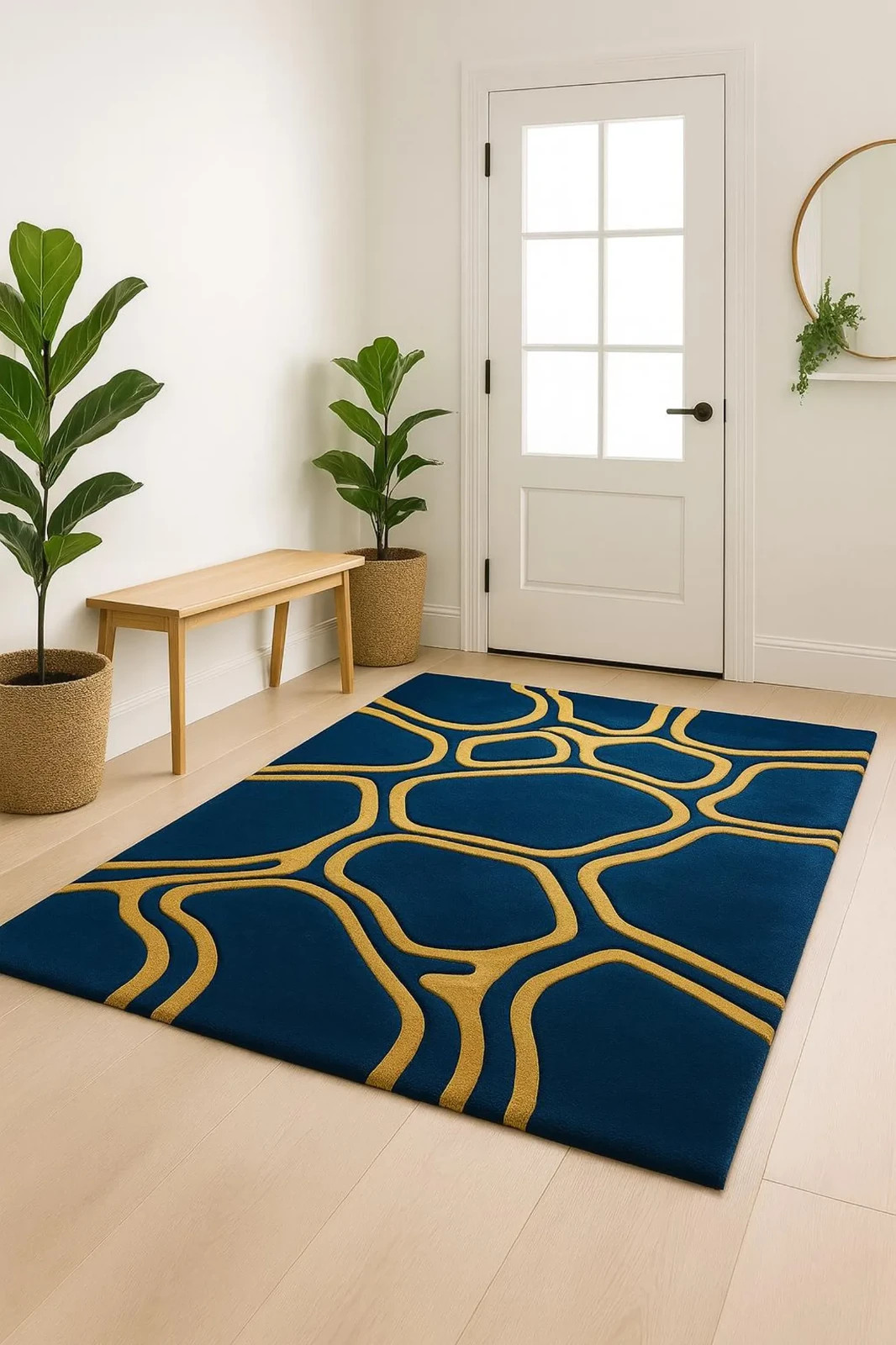 Hand Tufted Abstract Area Rug – New Zealand Wool Blue & Gold 6×8|8×10| living