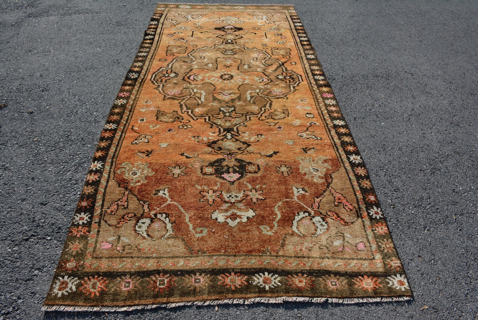 Vintage Rug, Large 5×11,1 ft Turkish Rug, Brown Orange Handmade Wool Rug