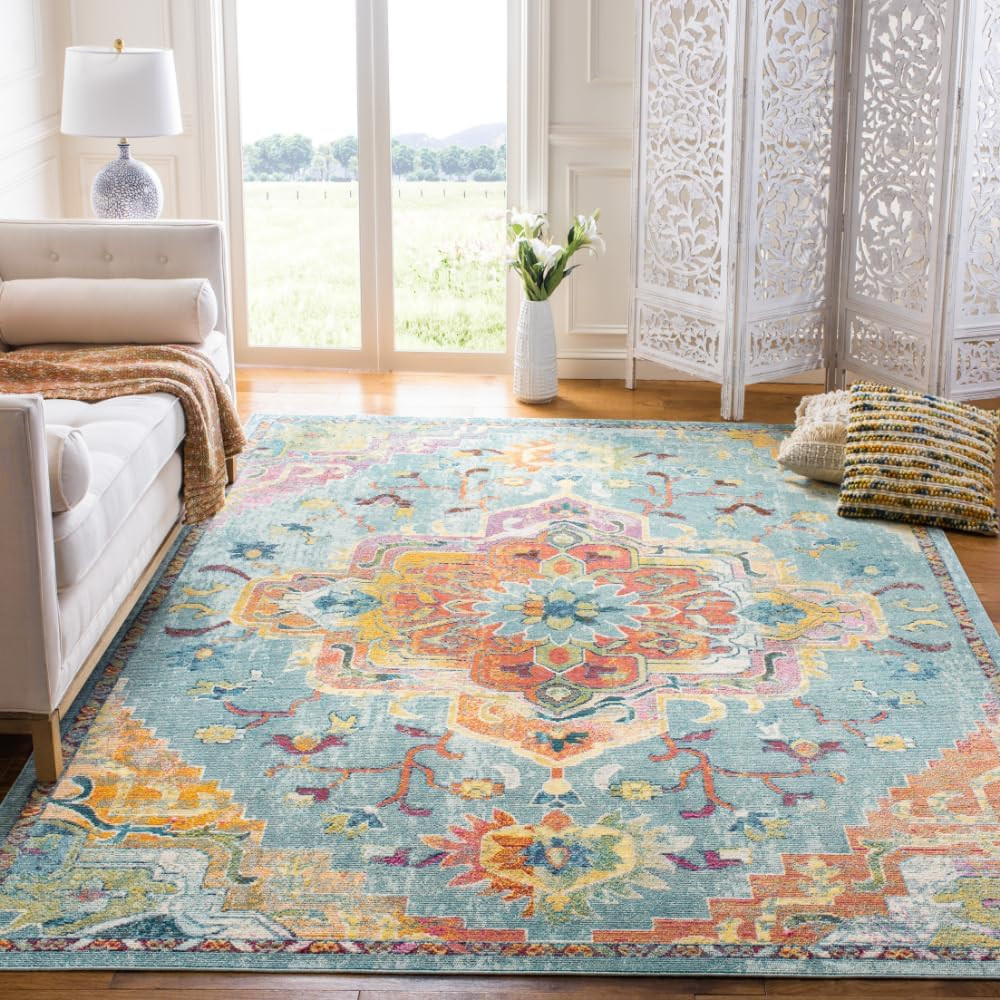 SAFAVIEH Crystal Collection Area Rug – 6’7″ X 9’2″, Light Blue & Fuchsia, Medall