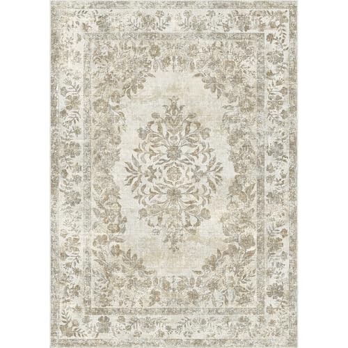 5×7 Area Rug Beige Washable Vintage 5′ x 7′ (Rectangular) Floral Beige