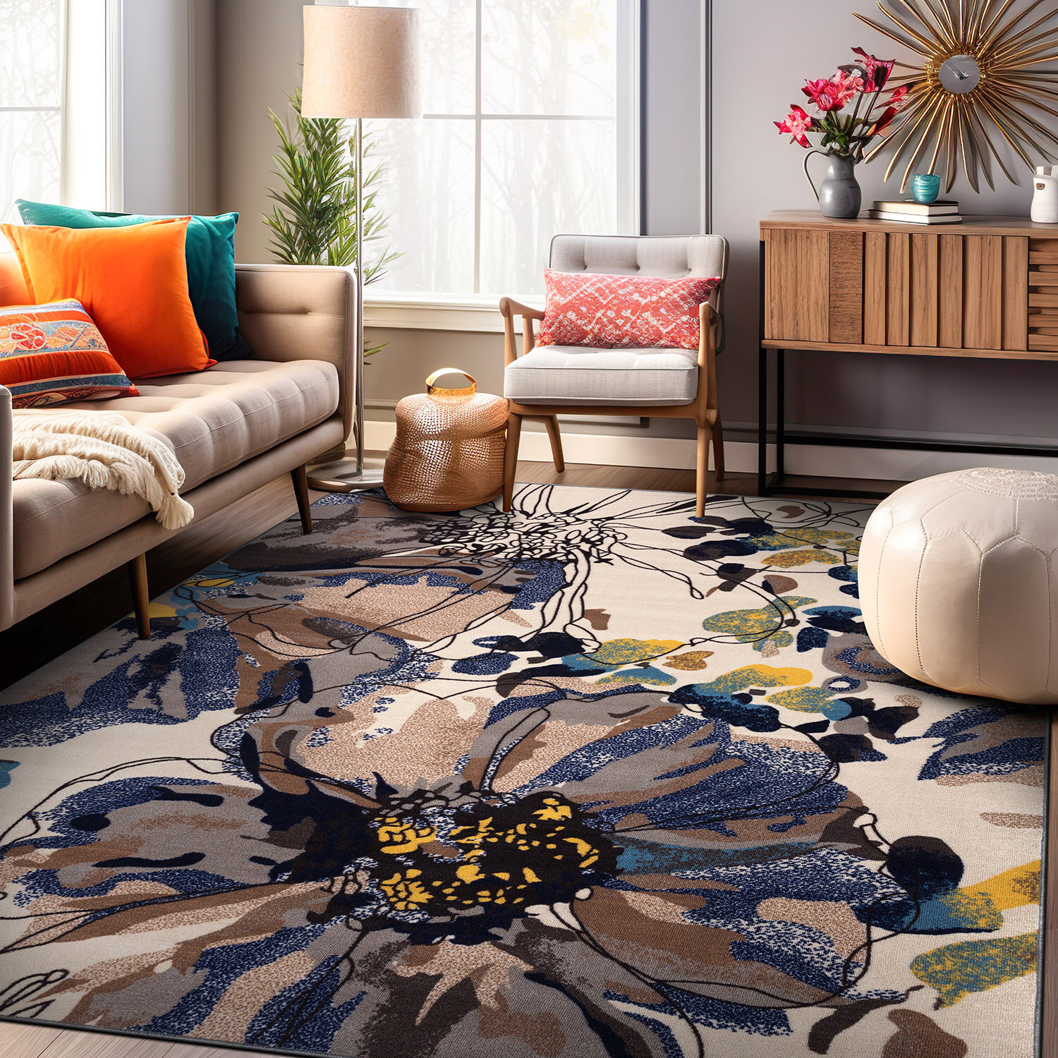 Rugshop Area Rug Modern Bright Flowers Non-Slip Carpet for Living Room 6×9 Rugs