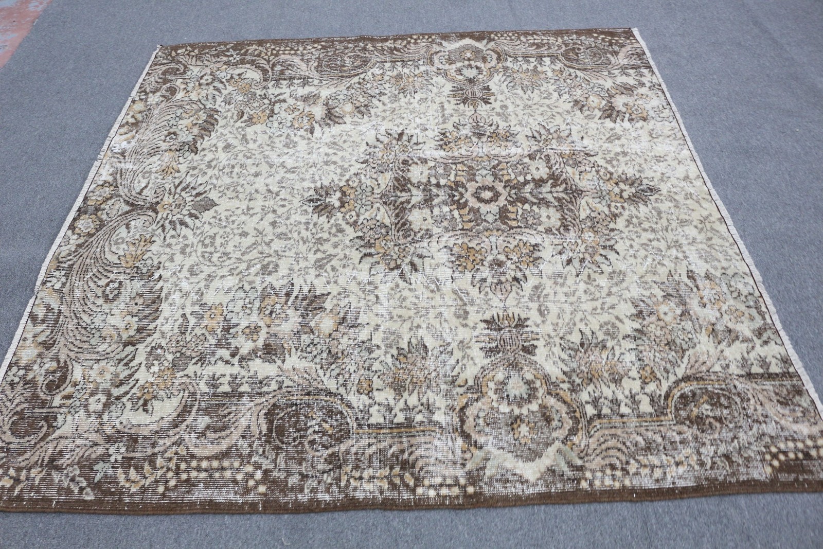 Turkish Rug, 5,9×5,9 ft Vintage Rug, Brown Oriental Wool Rug
