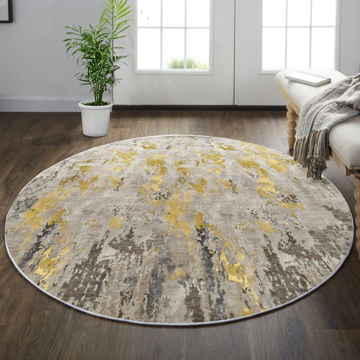 vivorug Round Rug 4ft Abstract Area 4′ (Round), Grey/Gold/Navy