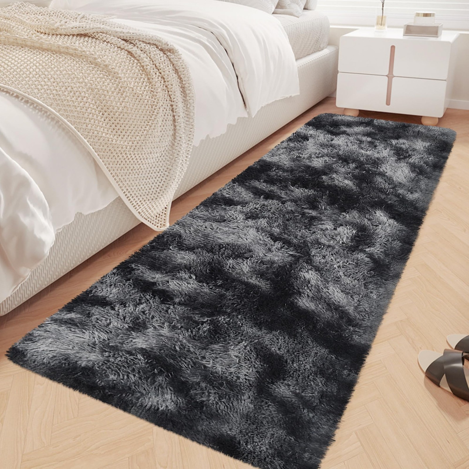 Tie-Dyed Runner Rug for Bedroom Black Grey 2x6ft Fluffy Area Rug Bedside Runner