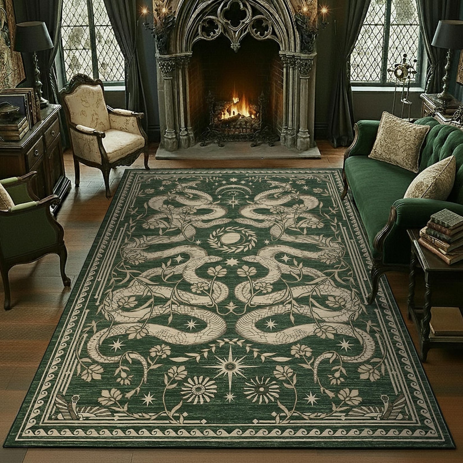 Snake 8×10 Area Rug – Washable Non-Slip Forest Green Low-Pile Stain Resistant