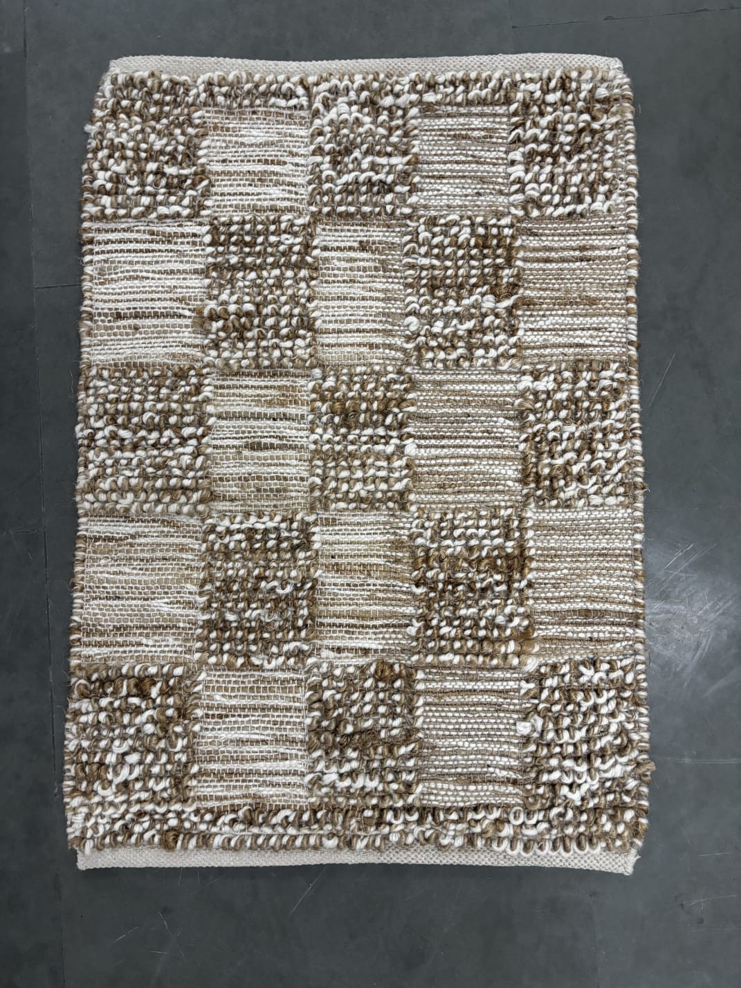 Handwoven Jute Cotton Rug 60x90cm Natural Beige Textured Checkered Boho Area Mat
