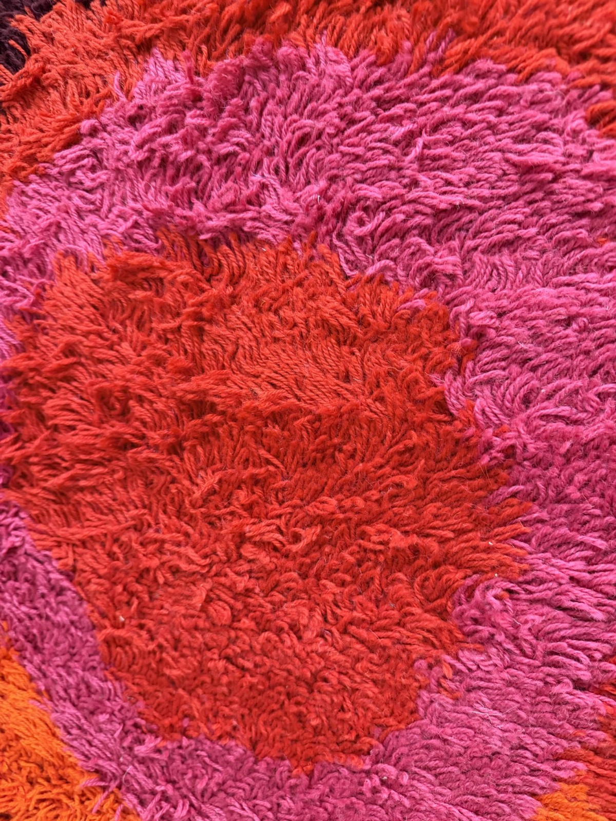 70s CARMEN Abstract Circle Brown Orange UNUSED Mid Century Wool Rya Rug Modern