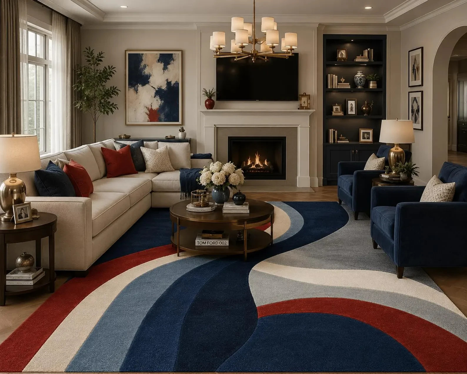Hand-Tufted Wool Rug – Retro Blue, Gray, White Abstract Sculptural Design Carpet