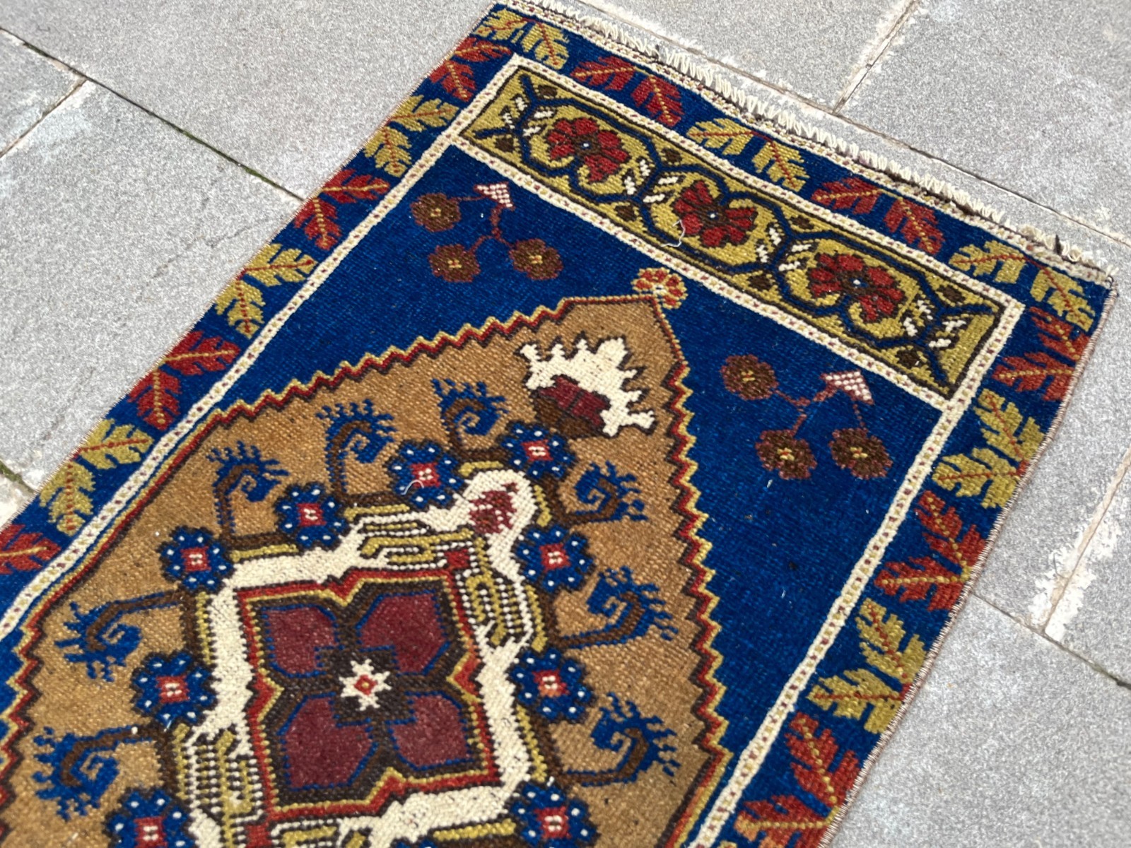 Vintage Oushak Rug 1.9×3.6 ft Small Turkish Indigo Blue Boho Tribal Mat