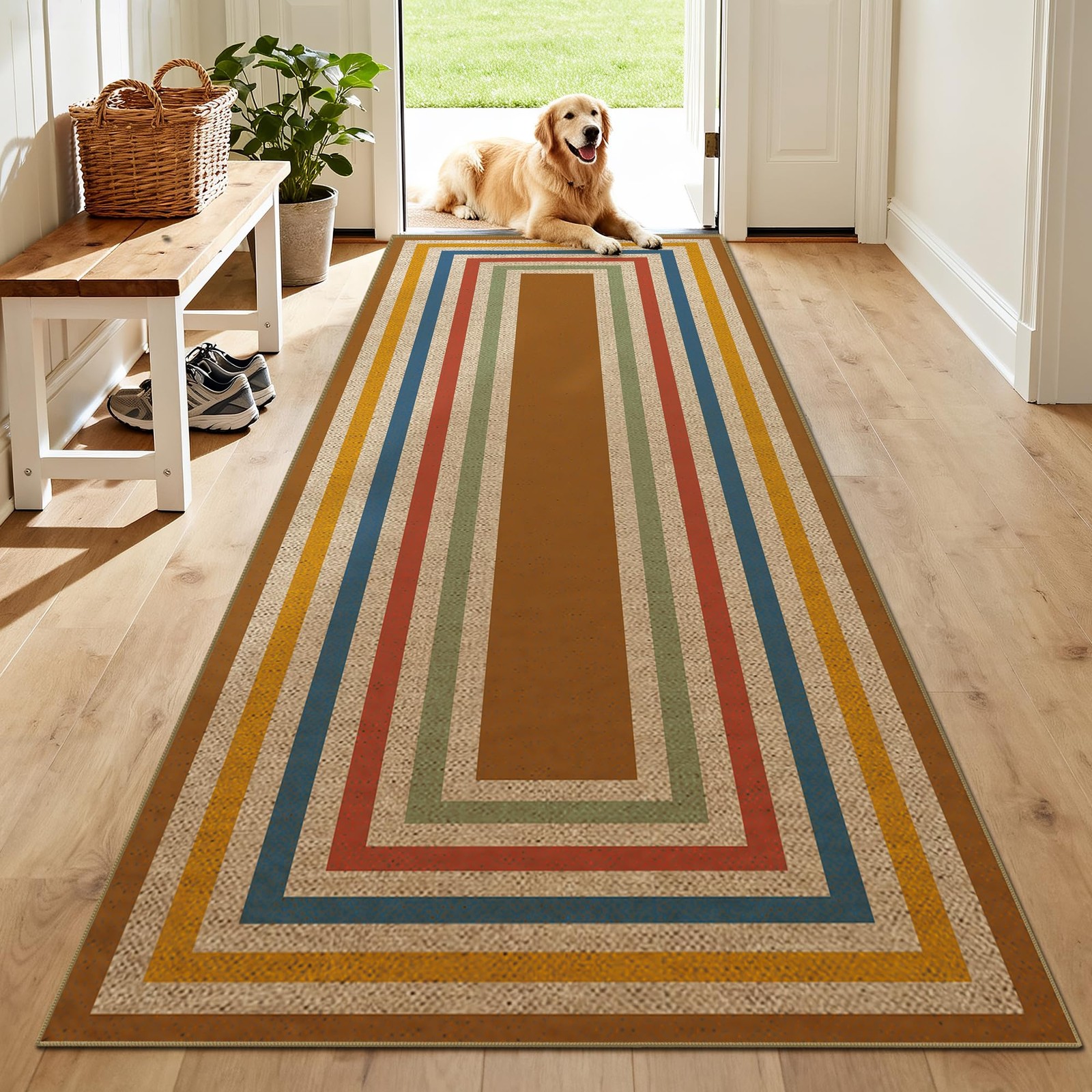 Washable Striped Easy Jute Runner Rug 2×6, Colorful Boho Geometric Outdoor In…
