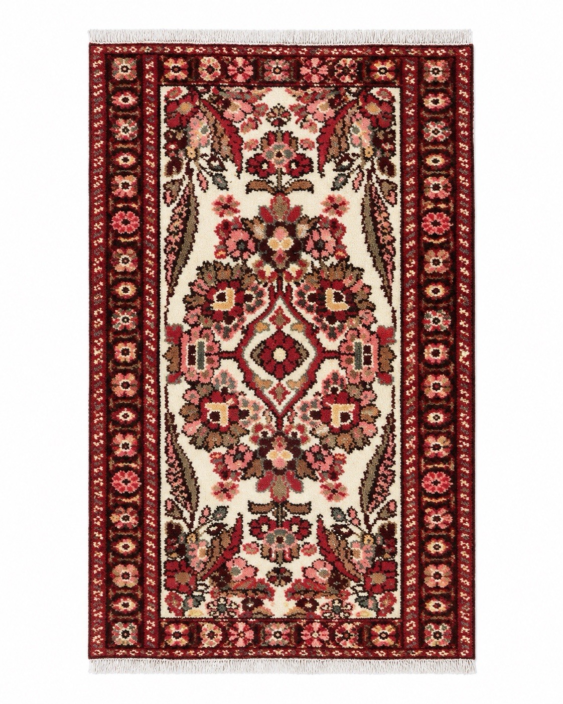 Vintage Handmade Floral Wool Accent Rug Ivory Red Pink Small Area Rug Lilihan
