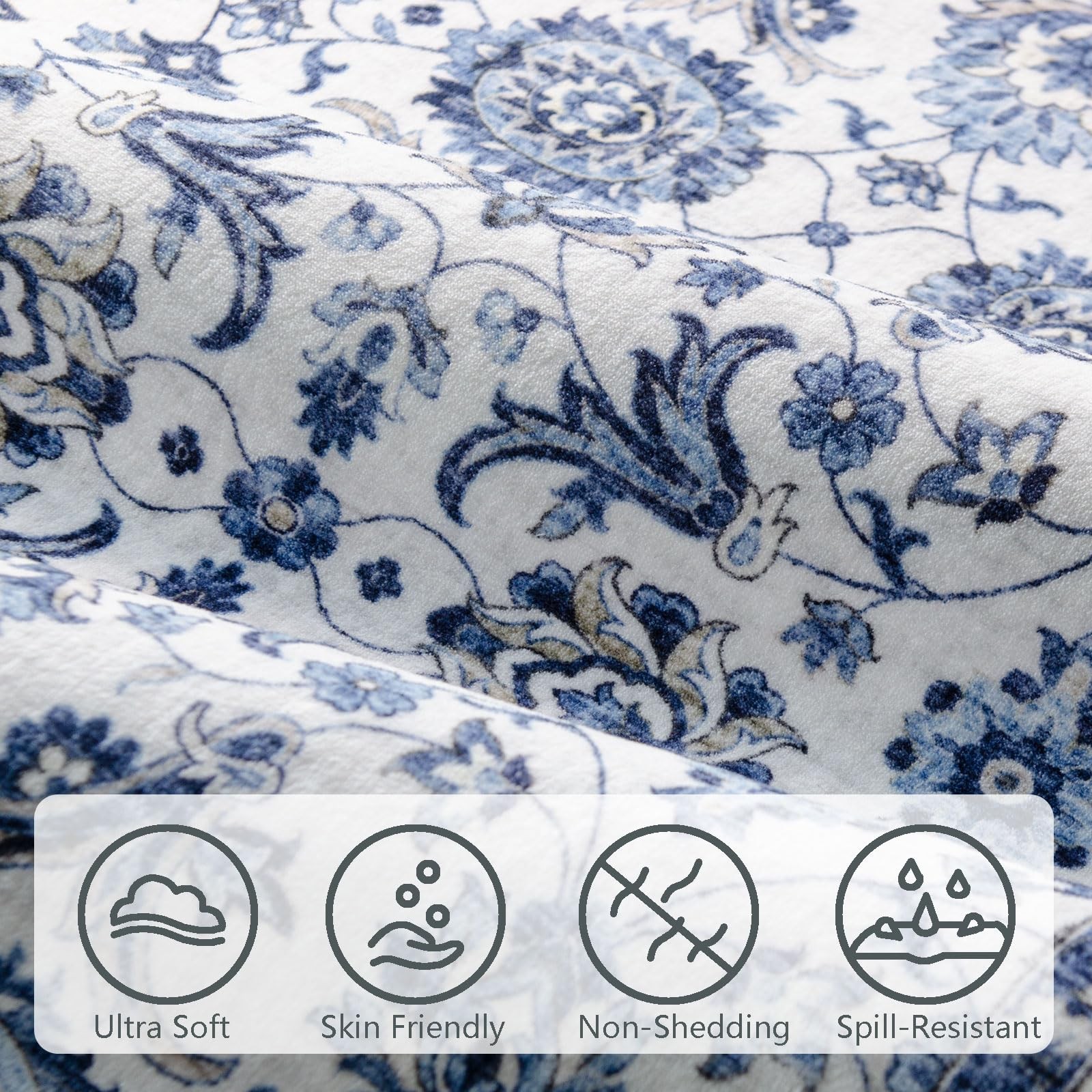 Blissa Washable 5X7 – Blue Vintage Floral Rug For Living Room
