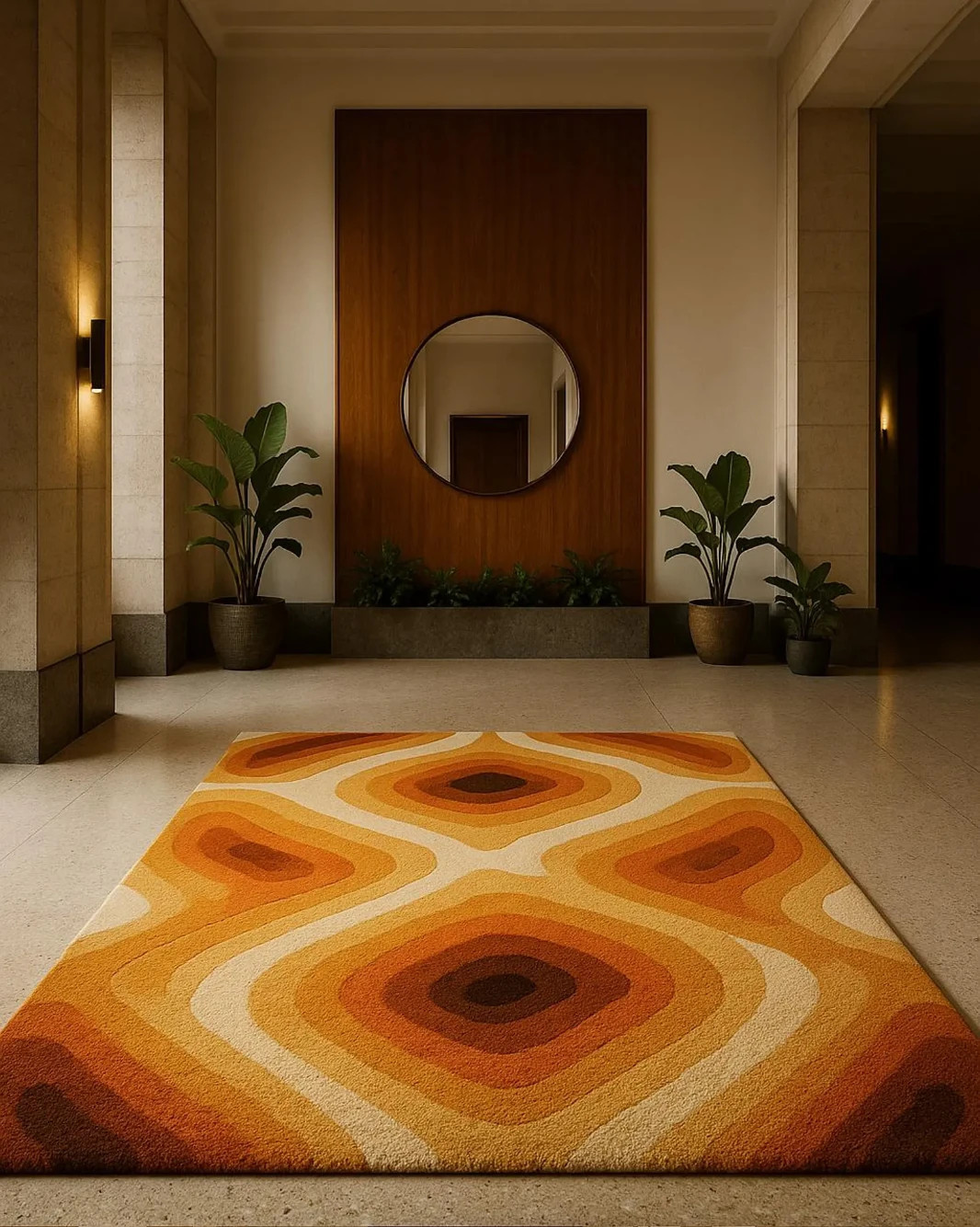 Retro Hand Tufted Wool Rug – Mid Century Modern Orange Brown Wave Pattern Carpet