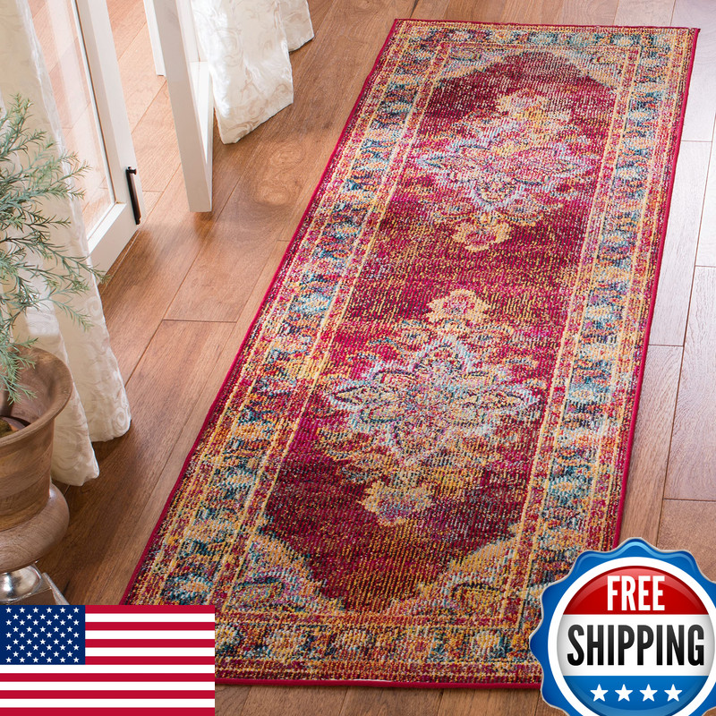 Safavieh Crystal Collection Runner Rug – 22 X 7 Ruby Navy Medallion Distressed